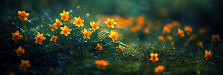 Yellow Daffodils Blooming in Spring Meadow, Sunlight and Soft Bokeh, Creating a Warm Spring Ambianceの素材