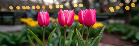 Three Pink Tulips in Bloom, Natural Setting with Bokeh Lights, Spring Flowers, Selective Focusの素材