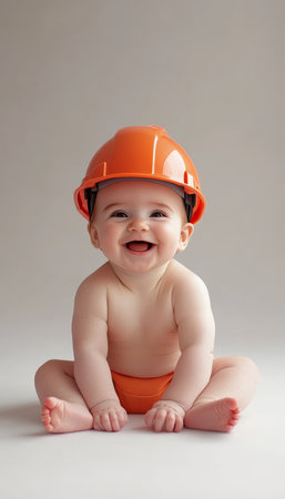 Smiling Baby Boy with Orange Construction Helmet, Isolated on Grey Background, Studio Shotの素材