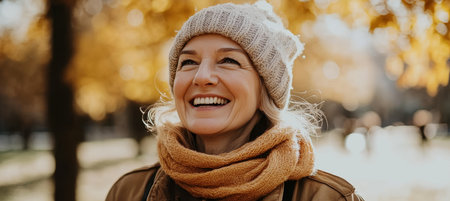 Radiant Autumn Smile A Middle-Aged Woman in Warm Hat and Scarf Enjoys the Golden Fall Foliageの素材