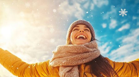 Winter Wonderland Bliss Woman in Cozy Scarf Enjoys Snowy Day, Sunlight on Falling Snowflakesの素材