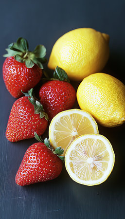 Fresh Strawberries and Juicy Lemons A Vibrant Spring Fruit Arrangement on Dark Backgroundの素材