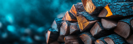 Warm, Glowing Firewood Logs Stacked timber in the Sunlight for a Cozy Winter Atmosphere.の素材