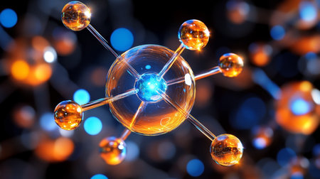 Abstract Orange And Blue Bokeh Lights Background. Molecular Structure Concept With High Contrastの素材