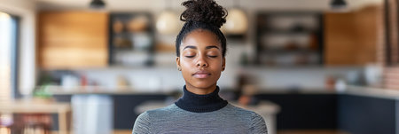 Serene Woman Enjoying Mindfulness Practice with Eyes Closed, Perfect for Wellness and Mental Healthの素材