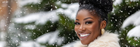 Radiant Woman Enjoys Holiday Season with a Warm Smile as Snow Falls Gently Around Herの素材