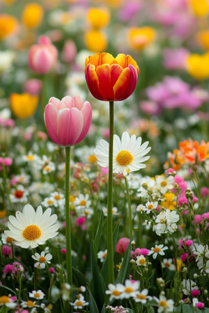 A Vibrant Spring Garden Bursts With Color, Featuring Blooming Tulips and Daisies in Full Bloom.の素材