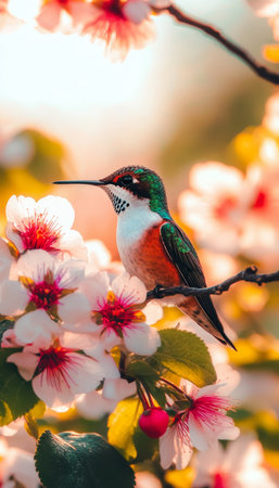 Hummingbirds Delight Tiny Bird Perched on Blooming Branch, Enjoying Nectar in Springtime Gardenの素材