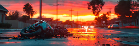 Dusk Motorcycle Crash on Wet Road, Blurred Traffic in Background, Safety Awareness Conceptの素材