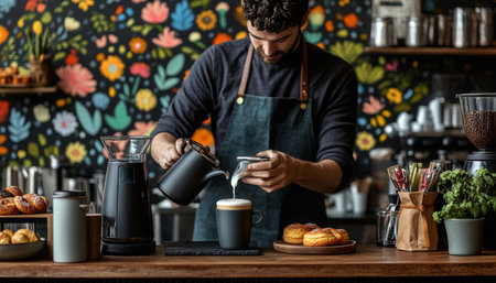 Skilled Barista Pours Steamed Milk, Creating Latte Art in Coffee Cup. Stylish Coffee Shop Ambiance.の素材