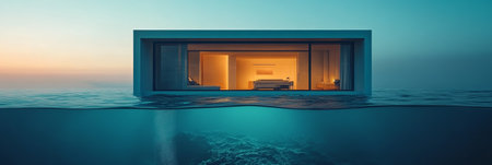 Contemporary Oceanfront Home A Modern Floating Villa Illuminated at Sunset, 3D Renderの素材