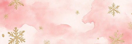 Elegant Blush Pink Watercolor Background with Delicate Gold Snowflakes, Winter Festive Backdropの素材