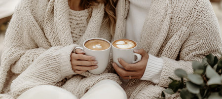 Cozy Couple in Sweaters Sharing Morning Coffee with Latte Art Detail Indoor Closeup on Hands.の素材