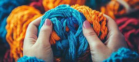 Woman s Hands Holding Vivid Blue and Orange Yarn Skeins, Texture Background, Crafting Conceptの素材