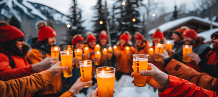 Friends Celebrating Winter A Toast to Camaraderie and Festive Joy in a Snowy Settingの素材