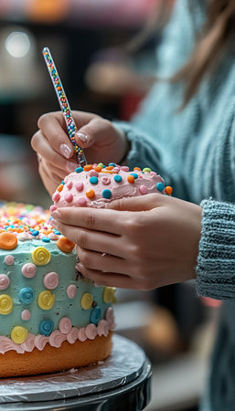 Baker s Hands Meticulously Decorating a Vibrant, Colorful Cake with Sprinkles, Food Photographyの素材