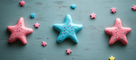 Three Star-Shaped Sugar Cookies with Colorful Sprinkles on a Rustic Blue Wooden Backgroundの素材