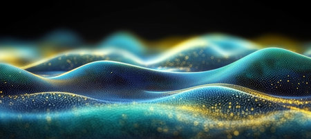 Abstract Blue and Green Digital Wave Background, Sci-Fi Space with Dotted Network Connectivityの素材