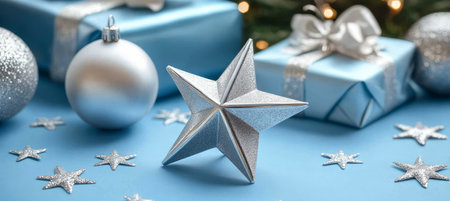 Silver Christmas Star Ornament on Cobalt Blue Background with Presents and Scattered Starsの素材