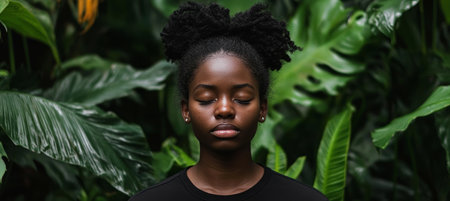 Serene Black Woman Finding Inner Peace Through Mindfulness Meditation in Lush Green Oasisの素材