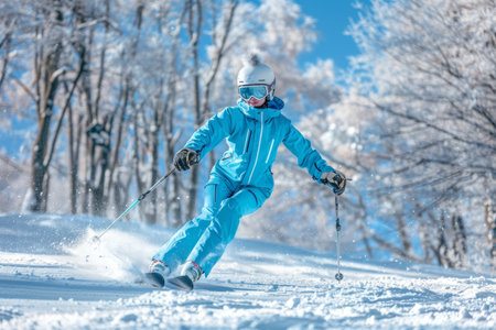 Joyful Female Skier in a Vivid Blue Suit Glides Effortlessly Down a Sunlit Powdery Slopeの素材