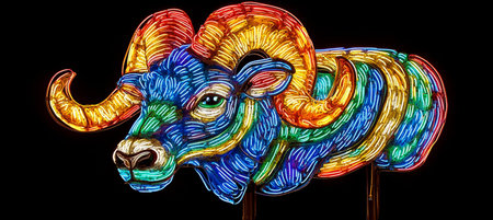 Illuminated Sculpture of a Bighorn Sheep with Colorful Neon Lights on a Black Backgroundの素材