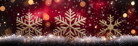 Golden Glitter Snowflakes Holiday Sparkle on Sparkly Festive Snowy Red Lights Background Abstractの素材