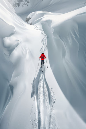 Lone Skier Carves Through Pristine Powder, Navigating a Narrow Couloir in the Snowy Mountainsの素材