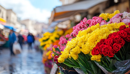 Colorful Tulips for Sale at Outdoor European Farmer s Market, City Scene in Backgroundの素材