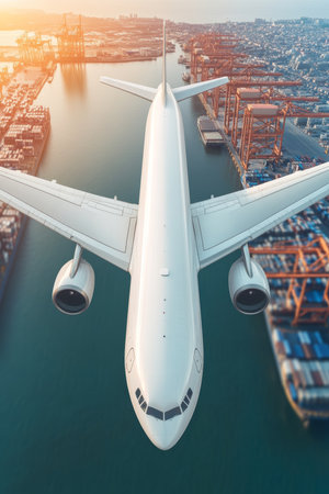 Transportation And Logistics, Airplane Flying Above Industrial Cargo Port, Import Export Background.の素材