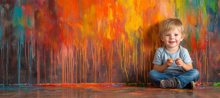 Happy Child Sitting in Front of Colorful Wall Painted with Splashes, Portrait for Creative Articlesの素材