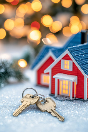 Vibrant house silhouettes and keys on a soft focus bright background for real estate themesの素材