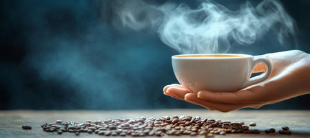 Steaming Cup of Coffee Held in Hand, Aromatic Bliss with Scattered Coffee Beans on Tableの素材