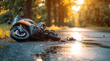 Deserted Dusk Motorcycle Accident Debris, Wet Roadway, Helmet, After Collision, No Peopleの素材