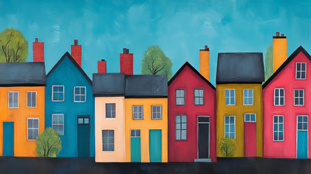 Colorful Row of Houses, Abstract Neighborhood, Cheerful Real Estate, Bright Colors, Whimsicalの素材