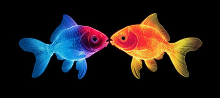Neon Fish Love Glowing Blue and Orange Goldfish in an Affectionate Embrace on a Black Backgroundの素材