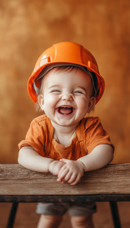 Happy Baby with Orange Construction Helmet, Studio Shot Over Orange Background with Copy Spaceの素材
