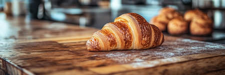 Delicious Freshly Baked Croissant on Rustic Wooden Table Top, Close Up with Shallow Depth of Fieldの素材