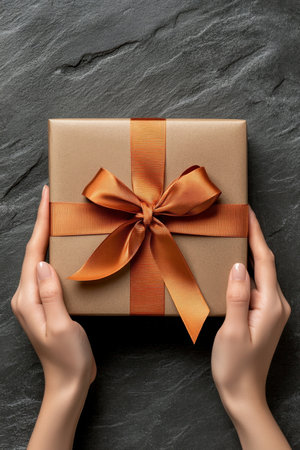Female Hands Tying Burnt Orange Ribbon on Gift Box, Celebration and Gift Giving Conceptの素材