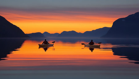 Kayaking into the Sunset A Serene Evening Paddle on the Water with Vibrant Mountain Reflectionsの素材