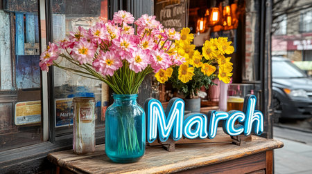 Spring Blooms and Neon March Sign A Vibrant Still Life Celebrating the Arrival of Springの素材