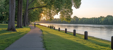 Golden Hour Bike Ride, Pedaling Along a Serene Riverfront Park on a Tranquil Summer Evening.の素材