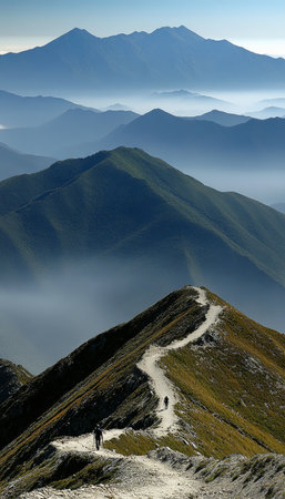 Adventurer hiking a scenic mountain trail at sunrise with a breathtaking landscape backdropの素材