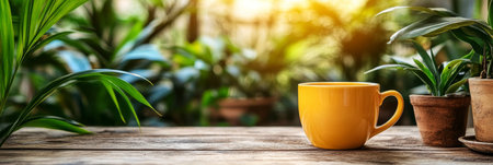 Yellow coffee, tea cup on old wooden table with blurred plant background in living room.の素材