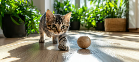 Adorable Kitten Plays with Wooden Ball on a Sunny Floor, Filled with Joy and Playfulness.の素材