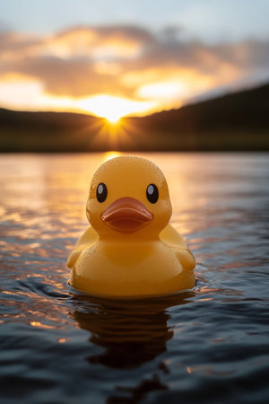 Rubber Duckling at Peace Scenic Tranquility in Natures Embrace, Sunset over Calm Water Reflectionの素材