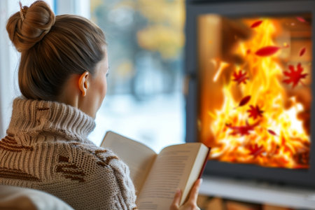 Woman Finds Comfort in Literature and Warmth, Reading Book by Fireplace on an Autumn Dayの素材