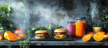 Two Fresh Vegan Burgers on a Smoky Table Setting with Colorful Citrus Fruits, and Healthy Drinks.の素材