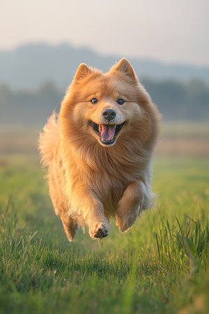 Joyful Golden Dog Running Through Meadow, Summer Day, Dog in Motion Captured, Happy Dog Photographyの素材