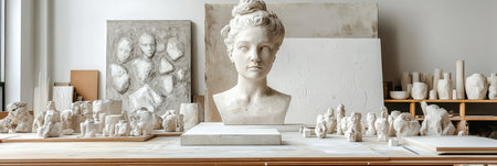 White Sculpture Bust and Clay Art Pieces in an Artist s Studio with Defocused Natural Light.の素材